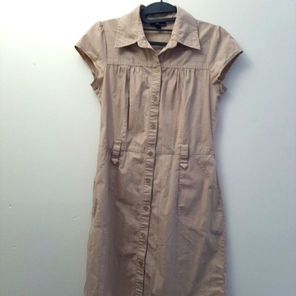 Iz Byer California Button Down Shirt Dress Tan Cotton Spandex Blend Medium - Picture 2 of 14